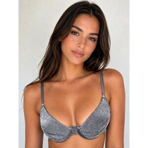 House of CB Metallic Silver Lurex Underwire Bikini Top Adjustable Straps Size M